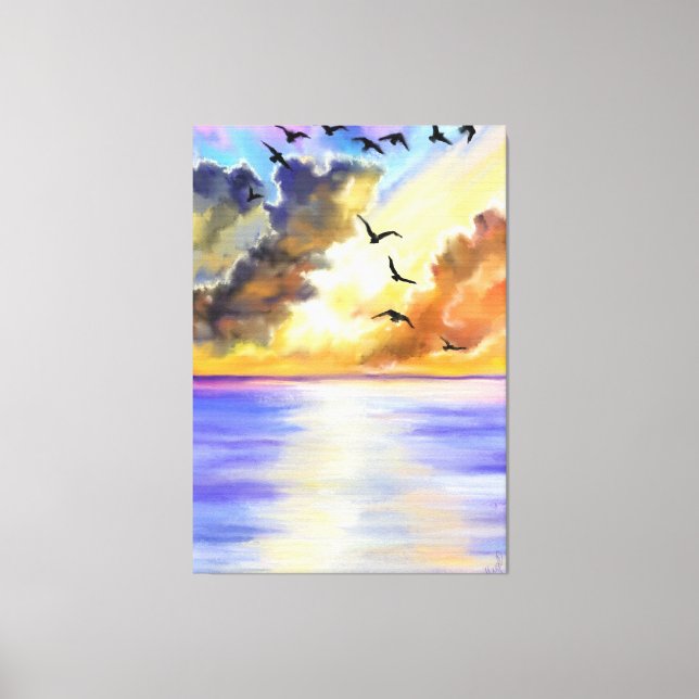 Oiseaux Volants Coucher de Soleil de mer toile Imp (Recto)