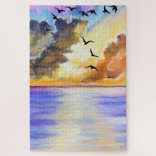 Oiseaux volants sur la mer Sunset Puzzle - Peintur (Vertical)