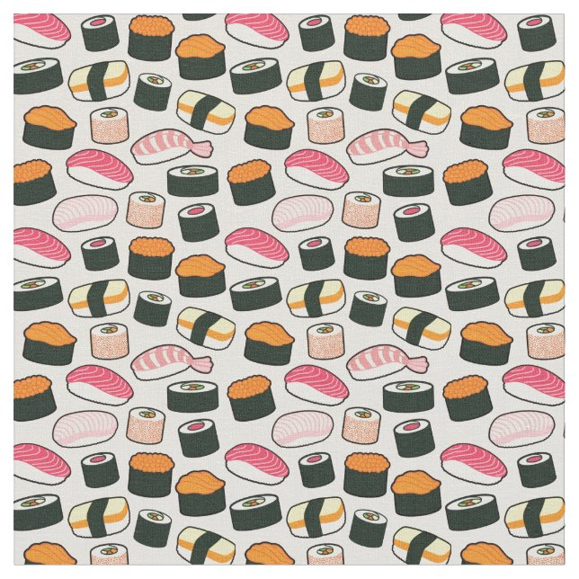 Oishii Sushi-Spaß-Illustrations-Muster (grau) Stoff (Nahaufnahme)