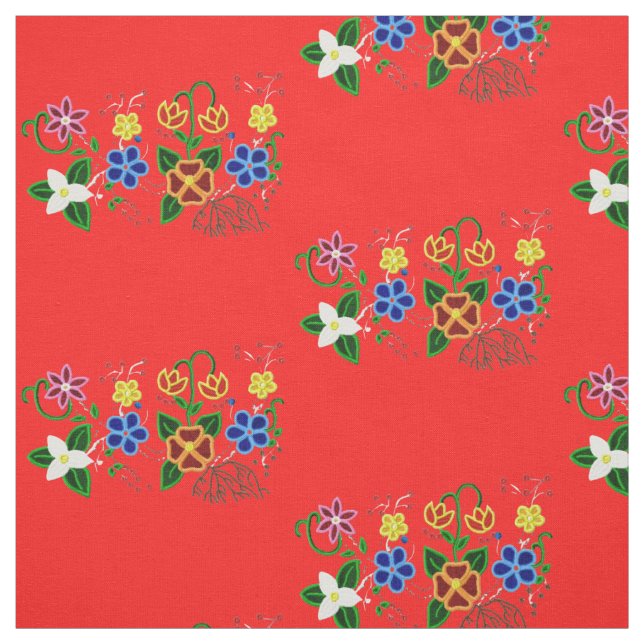 Ojibwe Blumendesign mit rotem Hintergrund Stoff (Muster)