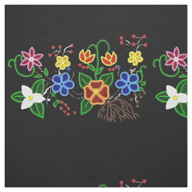 Ojibwe Blumendesign mit schwarzem Hintergrund Stoff (Muster)