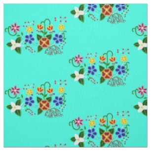 Ojibwe Blumendesign mit türkisfarbenem Hintergrun Stoff