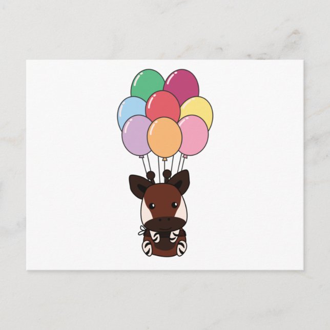 Okapi fliegt mit farbenfrohen Ballons Postkarte (Vorderseite)
