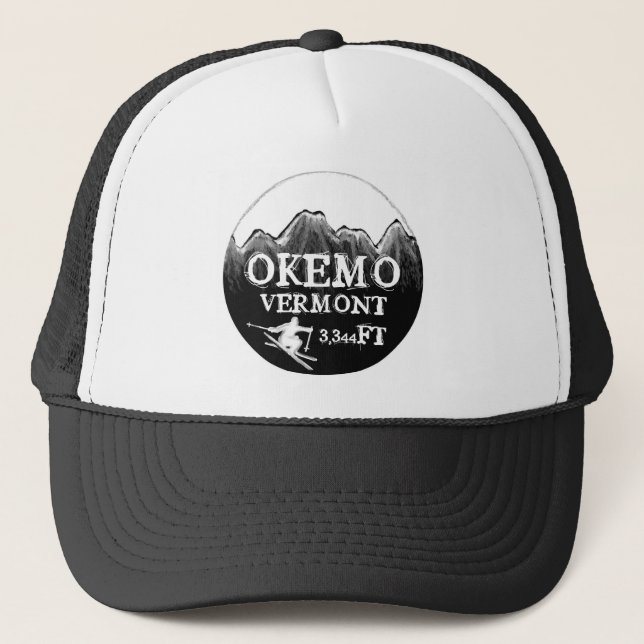 Okemo Vermont Schwarz-weißer Skikunst-Aufzughut Truckerkappe (Vorderseite)