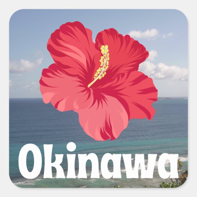 Okinawa Landschaftlich View & Hibiskus Poster Quadratischer Aufkleber (Vorderseite)