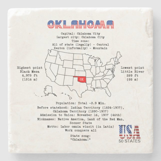 Oklahoma American Staat auf einer Karte und nützli Steinuntersetzer (Vorderseite)