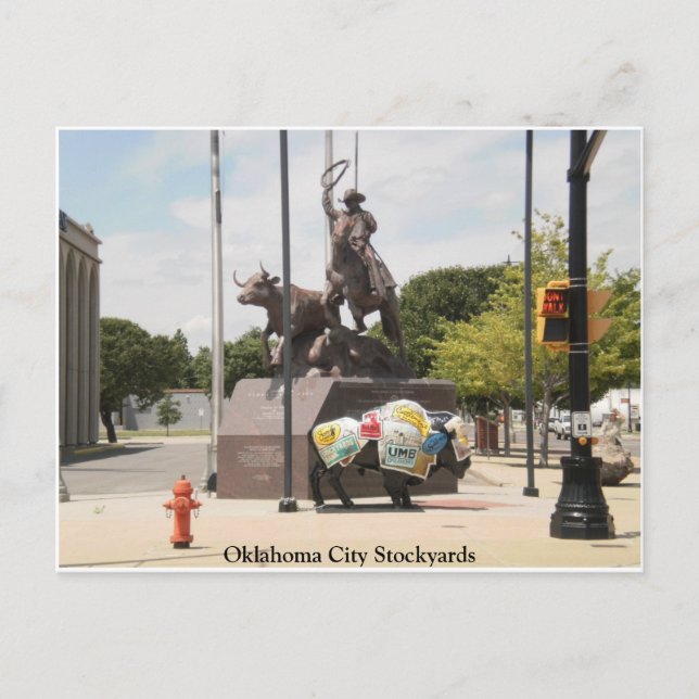 Oklahoma City Stockyards Büffel und Cowboy Postkarte (Vorderseite)