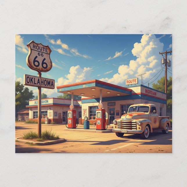 Oklahoma Route 66 Vintage Gasstation Postkarte (Vorderseite)