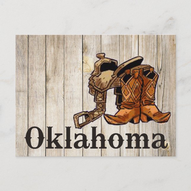 Oklahoma Sattel und Stiefel Holzwand Postkarte (Vorderseite)