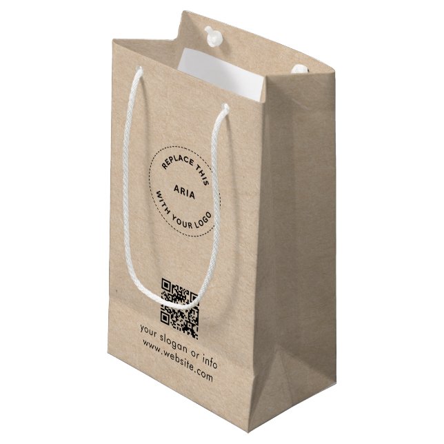 Öko Kraft Custom Logo & QR Geschenktasche für Unte Kleine Geschenktüte (Vorderseite Schrägansicht)