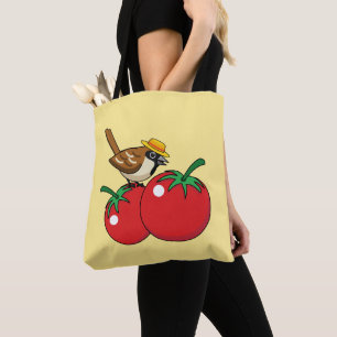 Öko-Liebhaber Spatz isst rote Tomate Tasche