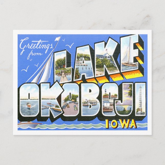 Okoboji-See, Iowa Vintag Big Letters Postkarte (Vorderseite)