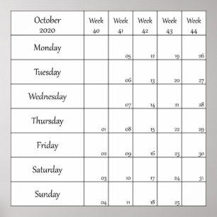Oktober 2020 Planer Kalender mit Wochennummer Poster