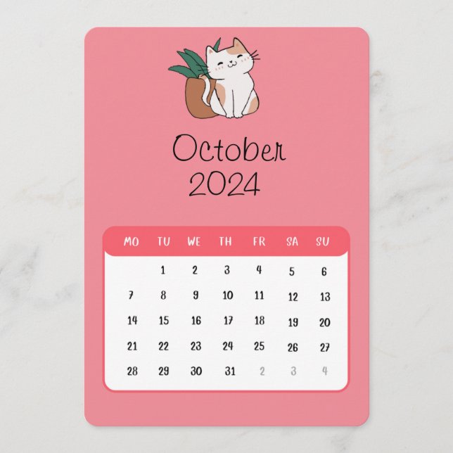 Oktober 2024 Stand Alone Cat and Pflanze Kalender Menükarte (Vorderseite)