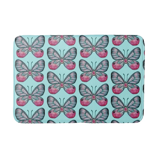 Oktober Aquamarin Glasswing Butterfly Design Badematte (Vorderseite)