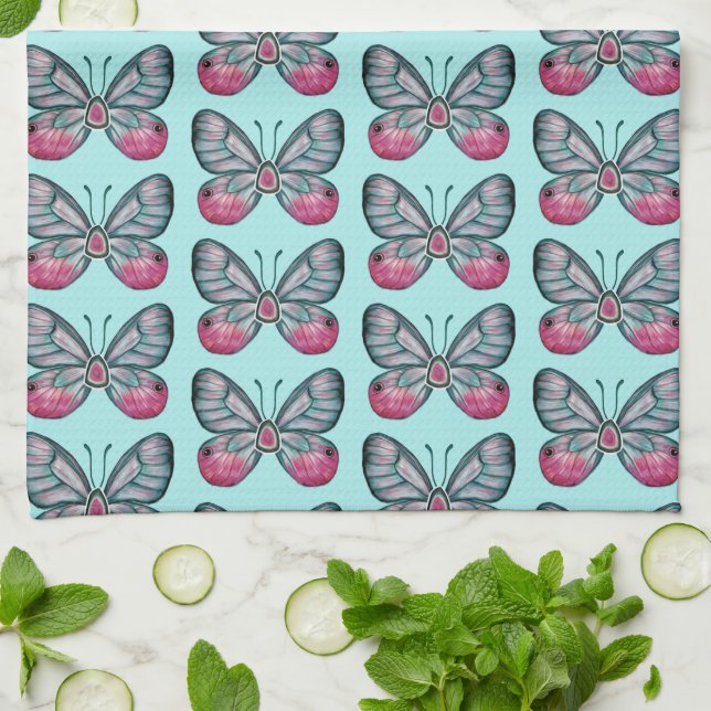 Oktober Aquamarin Glasswing Butterfly Design Geschirrtuch (Gefaltet)