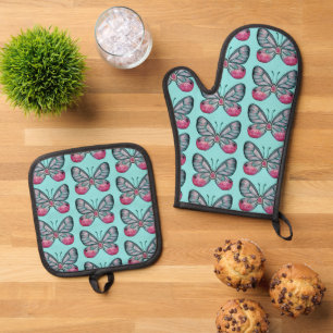 Oktober Aquamarin Glasswing Butterfly Design Ofenhandschuh & Topflappen-Set