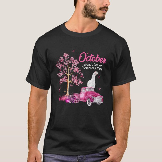 Oktober Brustkrebs-Bewusstseinsmonat Lama Pumpki T-Shirt (Vorderseite)