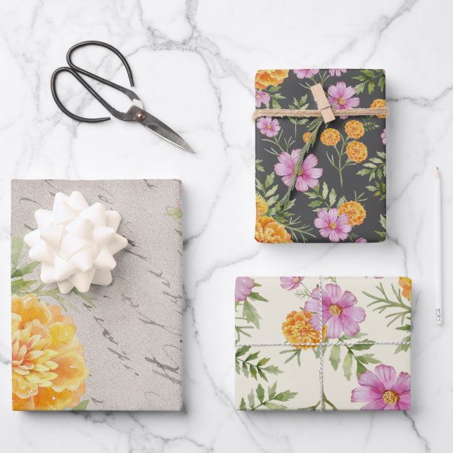 Oktober Geburtmonat Blume Marigold Cosmos Geschenkpapier Set (Vorderseite)