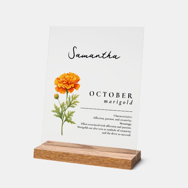 Oktober Geburtsmonat Blume Marigold Personalisiert Acrylschild (Winkel)