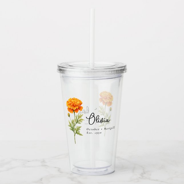 Oktober Geburtsmonat Blume Marigold Personalisiert Acryltrinkbecher (Vorderseite)