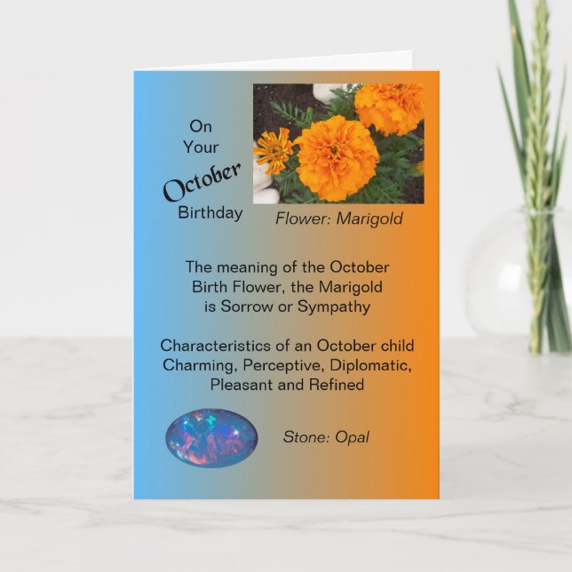 Oktober Geburtstagskarte - Marigold und Opal Karte (Vorderseite)