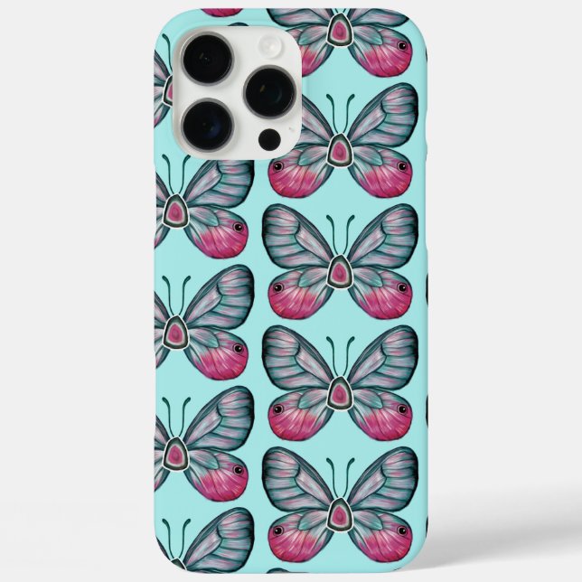 Oktober Glasswing Aquamarin Butterfly Pattern iPhone 16 Pro Max Hülle (Rückseite)