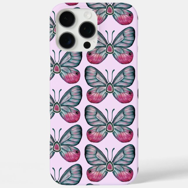 Oktober Glasswing Pink Butterfly Pattern iPhone 16 Pro Max Hülle (Rückseite)