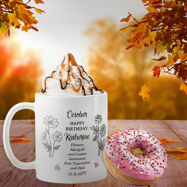 Oktober Marigold und Cosmos Geburtstag Keepake Kaffeetasse (October Floral and Birthstone Birthday Keepsake Coffee Mug)