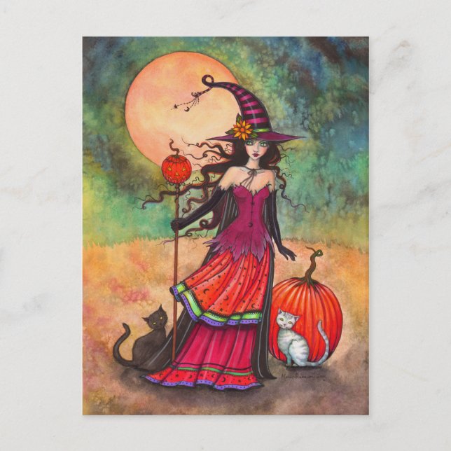 Oktober Moon Hexe Cat Halloween Fantasy Art Postkarte (Vorderseite)
