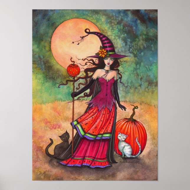 Oktober Moon Witch Cat Halloween Illustration Poster (Vorne)
