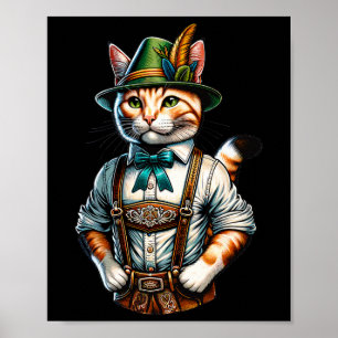 Oktober Party Cat Funny German Bayarian Lederhosen Poster