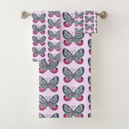 Oktober Pink Glasswing Butterfly Design Badhandtuch Set