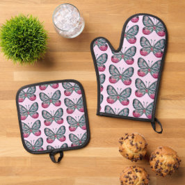 Oktober Pink Glasswing Butterfly Design Ofenhandschuh & Topflappen-Set