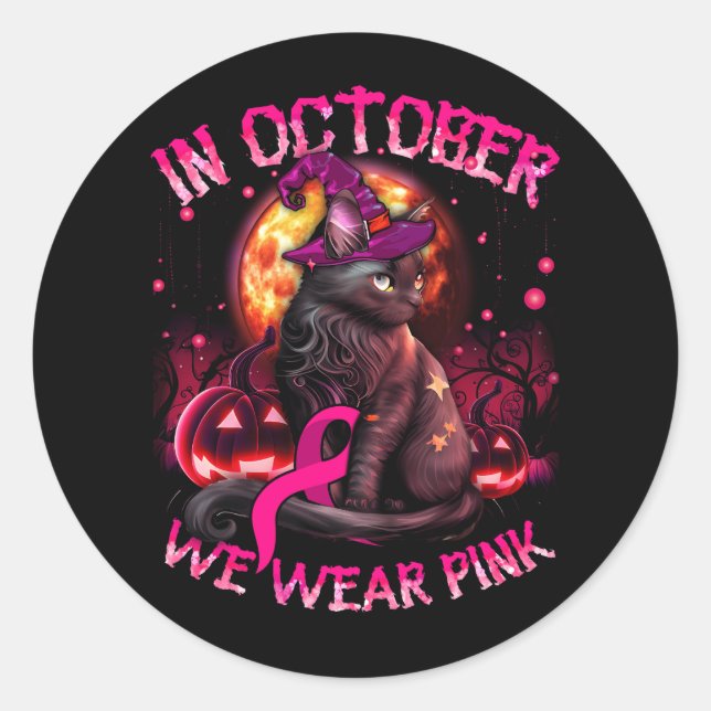Oktober tragen wir rosa schwarze Katze, Hexenkrebs Runder Aufkleber (Vorderseite)
