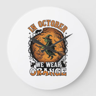 Oktober Wir Tragen Orange Fliegende Hexe Kürbisse  Große Wanduhr