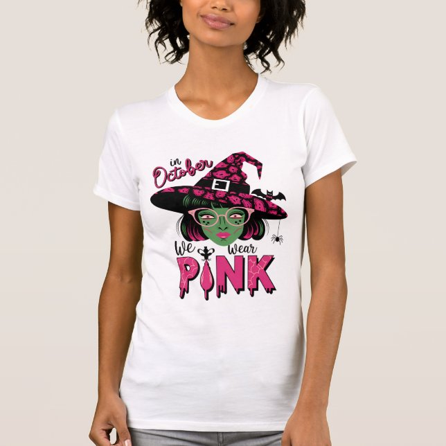 Oktober Wir tragen rosa Halloween Ghost Brustkrebs T-Shirt (Vorderseite)