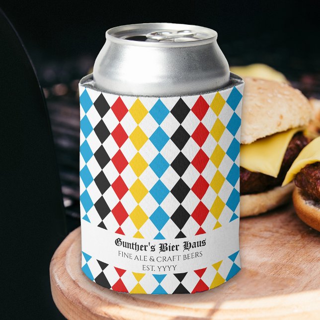 Oktoberfest Benutzerdefinierter Text Blau Rot Dosenkühler (Oktoberfest themed beer can cooler personalized with your name, event, bar or craft beer business)