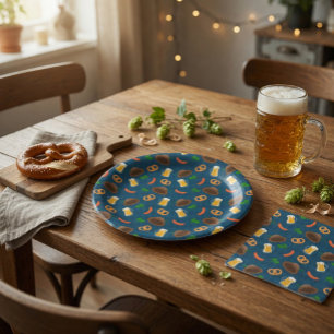 Oktoberfest-Bier-, Brezel- und Wurst-Muster Pappteller