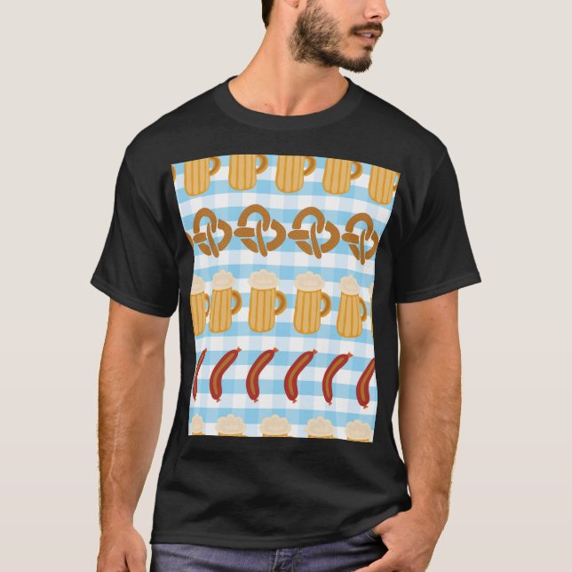 Oktoberfest: Bier, Salzbrezel, Wurstmuster T-Shirt (Vorderseite)