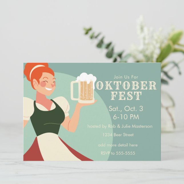 Oktoberfest Lady mit Biereinladung Einladung (Stehend Vorderseite)