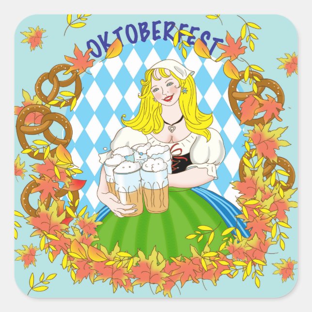 Oktoberfest , Mädchen und Bier Quadratischer Aufkleber (Vorderseite)