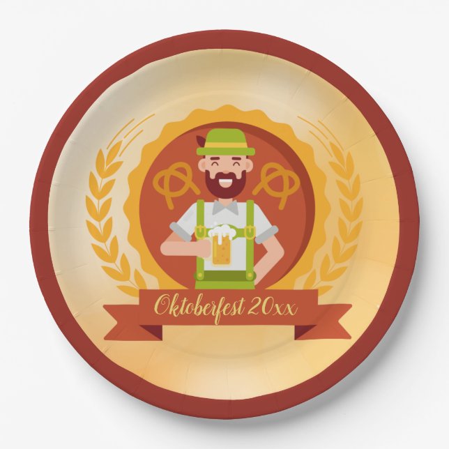Oktoberfest Mann in Almhut mit Bier Pappteller (Vorderseite)