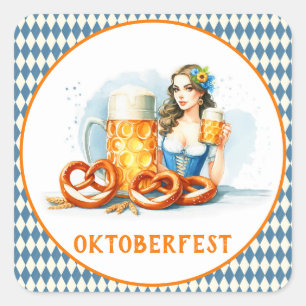 Oktoberfest-Party mit Bier und Brezeln ai Quadratischer Aufkleber