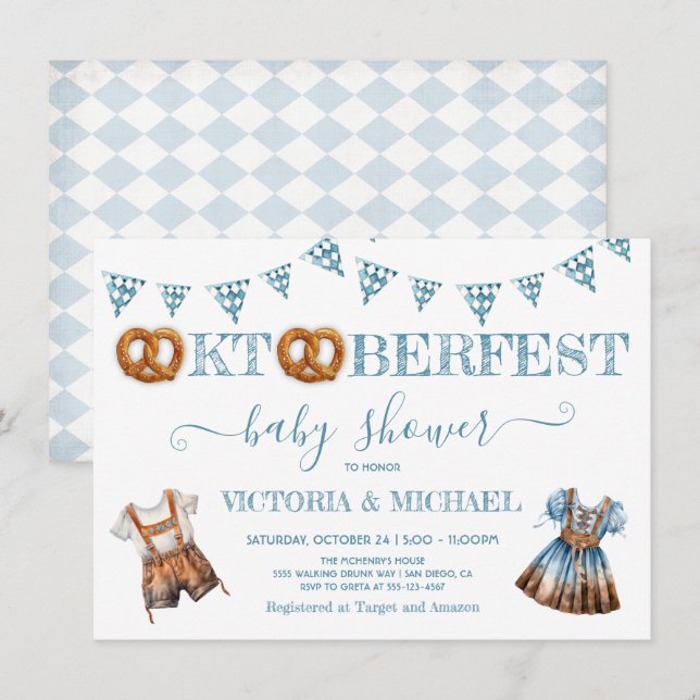 Oktoberfest Pretzel lederhosen Kinderdusche Einladung (Vorne/Hinten)
