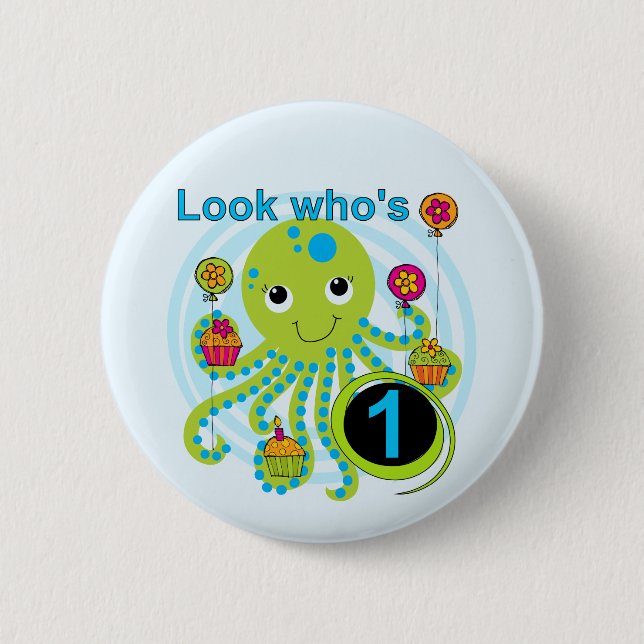 Oktopus 1. Geburtstag T - Shirt und Geschenke Button (Vorderseite)