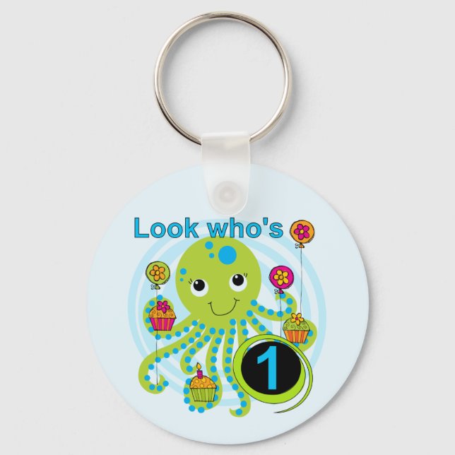 Oktopus 1. Geburtstag T - Shirt und Geschenke Schlüsselanhänger (Vorderseite)