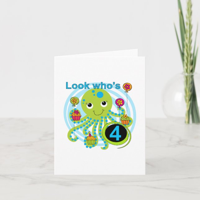 Oktopus 4. Geburtstag T Shirts und Geschenke Karte (Vorderseite)