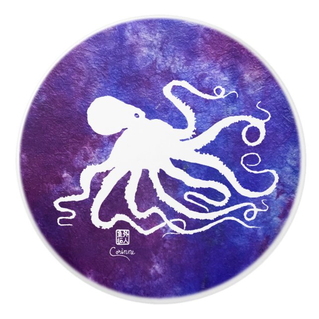 Oktopus 6 weiß auf Lila L - Knochen Keramikknauf (Vorderseite)