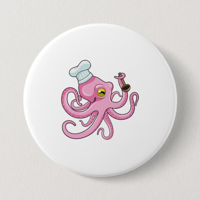 Oktopus als Koch mit Holzlöffel Button (Vorderseite)